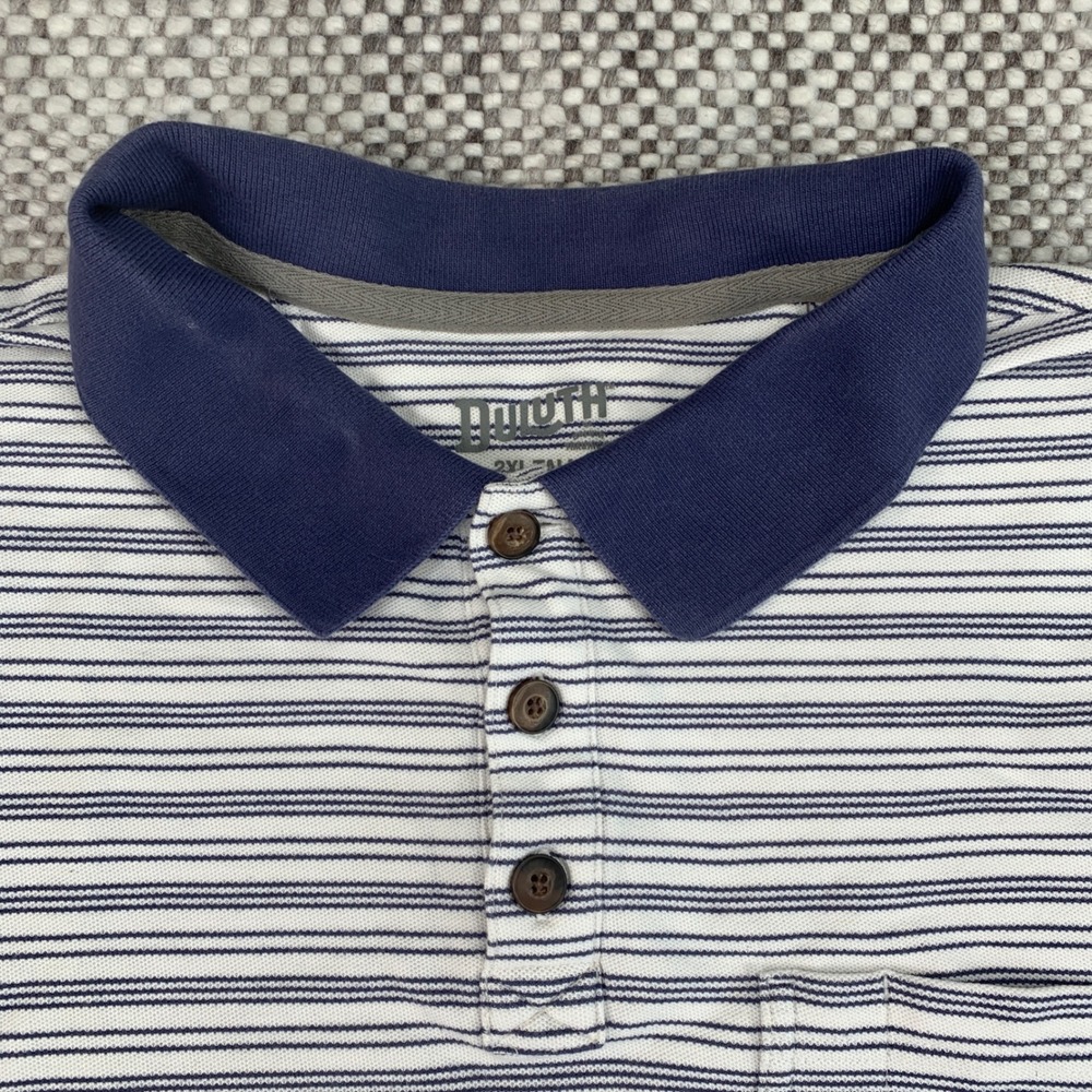Duluth Trading Co Polo Shirt Mens 2XL Tall Blue White Striped Relaxed Fit Cotton